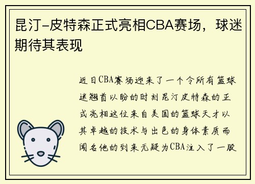 昆汀-皮特森正式亮相CBA赛场，球迷期待其表现