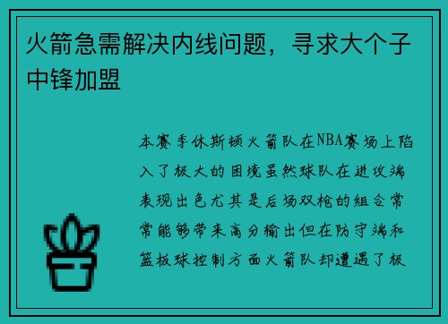 火箭急需解决内线问题，寻求大个子中锋加盟