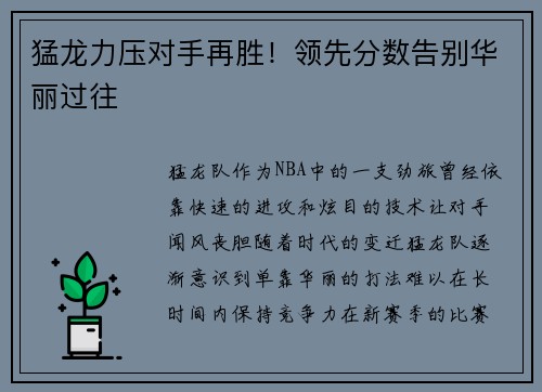 猛龙力压对手再胜！领先分数告别华丽过往